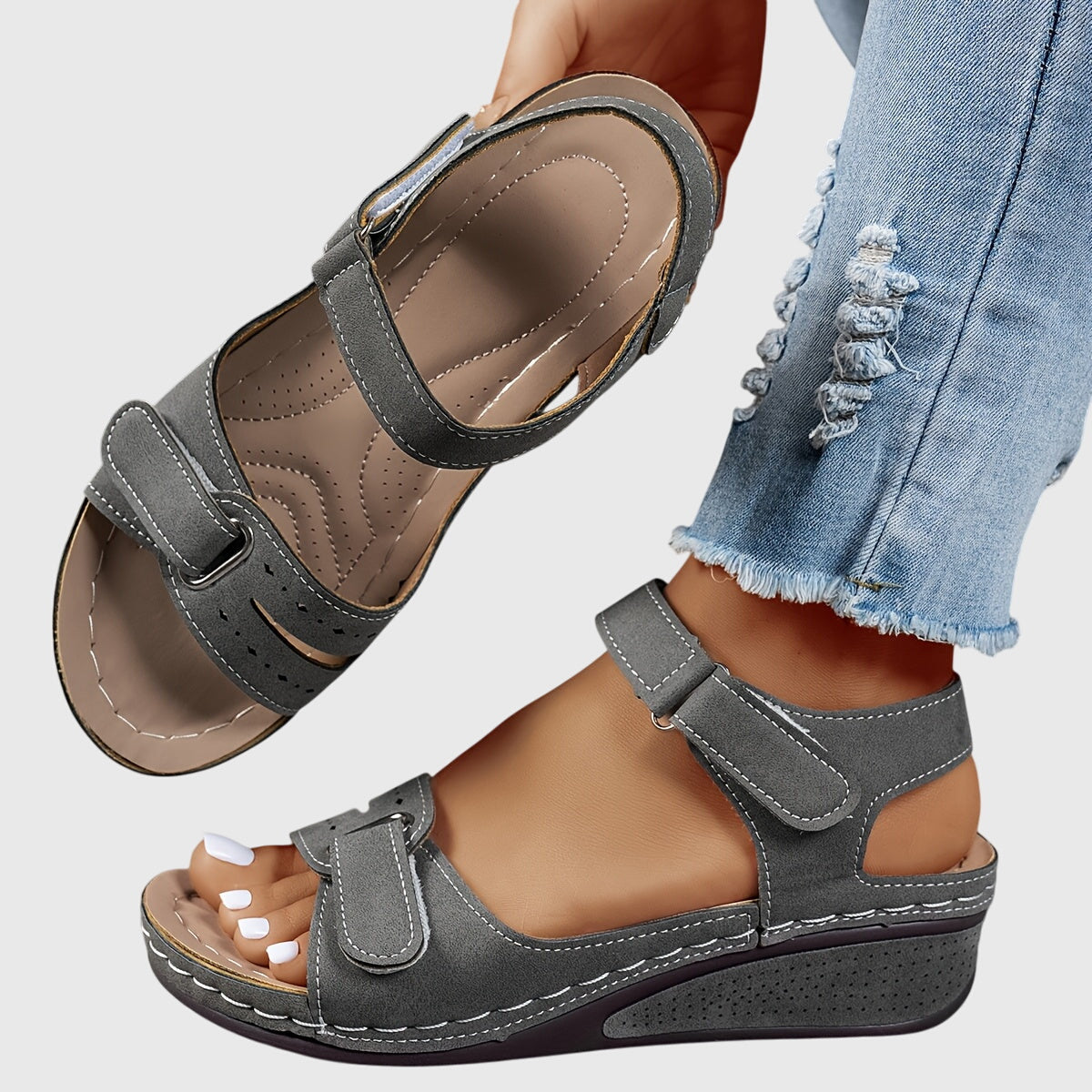 Celestina Morvaux | Red Orthopedic Wedge Sandals with Hook-and-Loop Strap