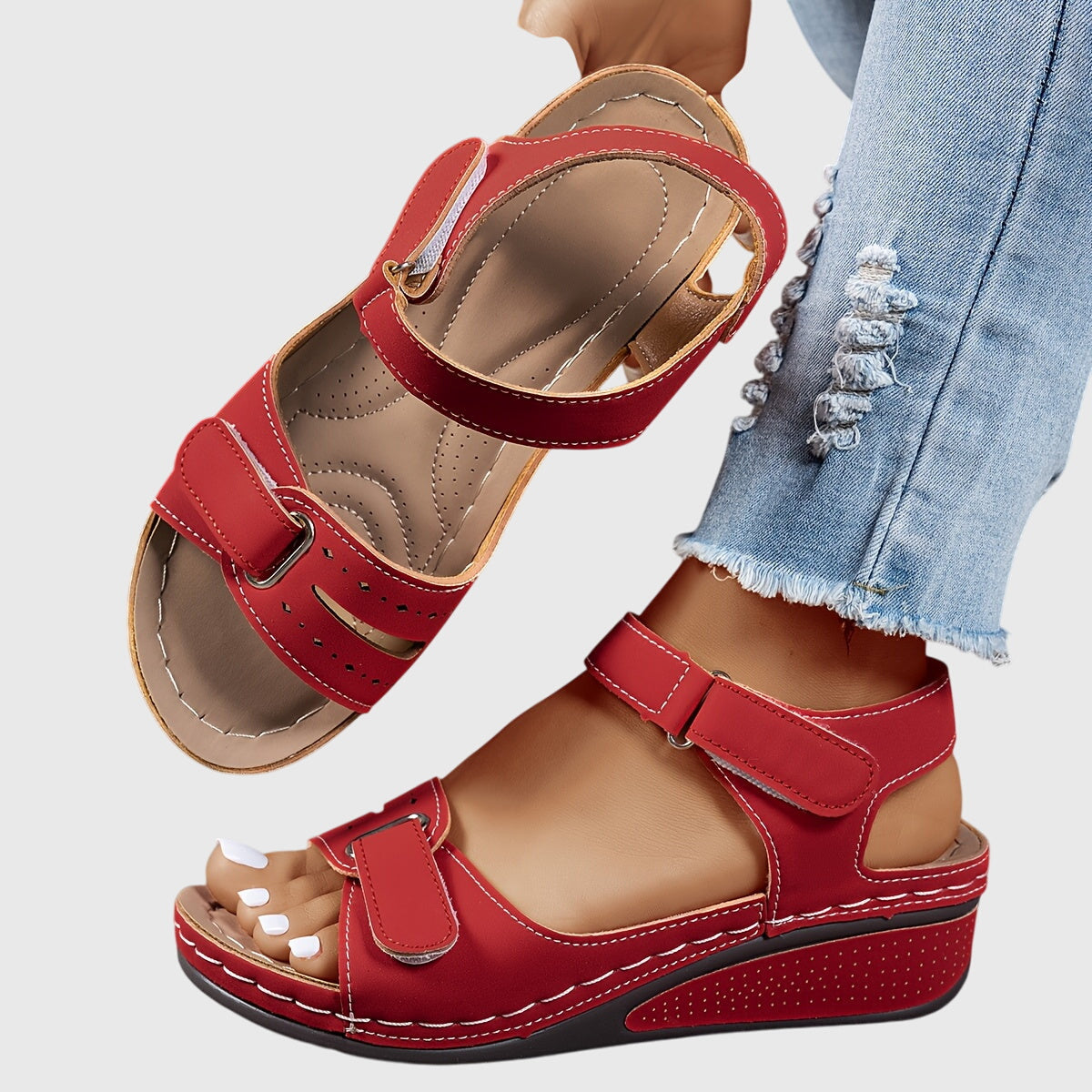 Celestina Morvaux | Red Orthopedic Wedge Sandals with Hook-and-Loop Strap