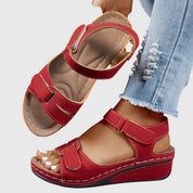 Celestina Morvaux | Red Orthopedic Wedge Sandals with Hook-and-Loop Strap