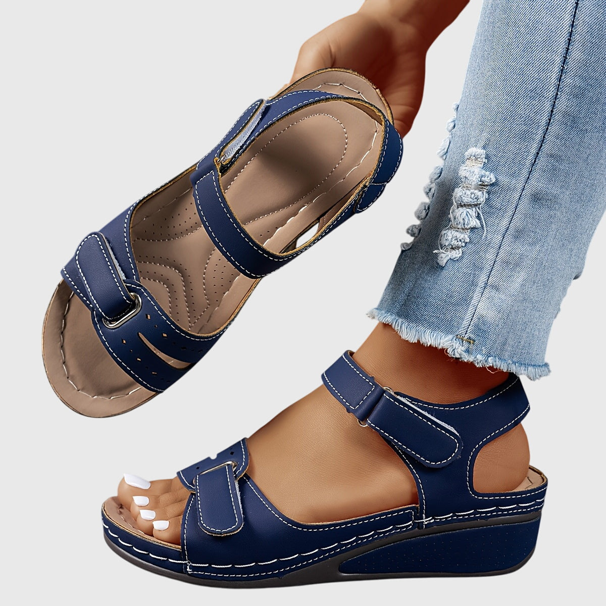 Celestina Morvaux | Red Orthopedic Wedge Sandals with Hook-and-Loop Strap