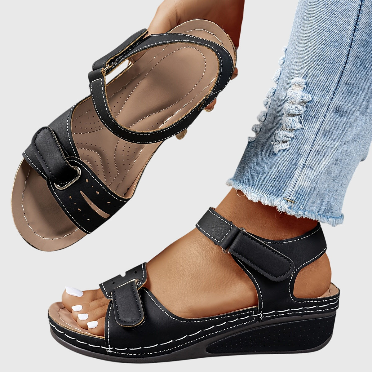 Celestina Morvaux | Red Orthopedic Wedge Sandals with Hook-and-Loop Strap