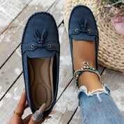 Natascha Veldkamp | Navy Blue Suede Bow-Detail Loafers