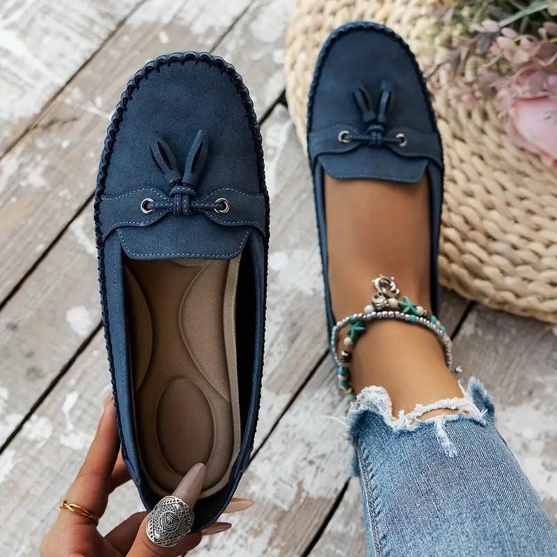Natascha Veldkamp | Navy Blue Suede Bow-Detail Loafers
