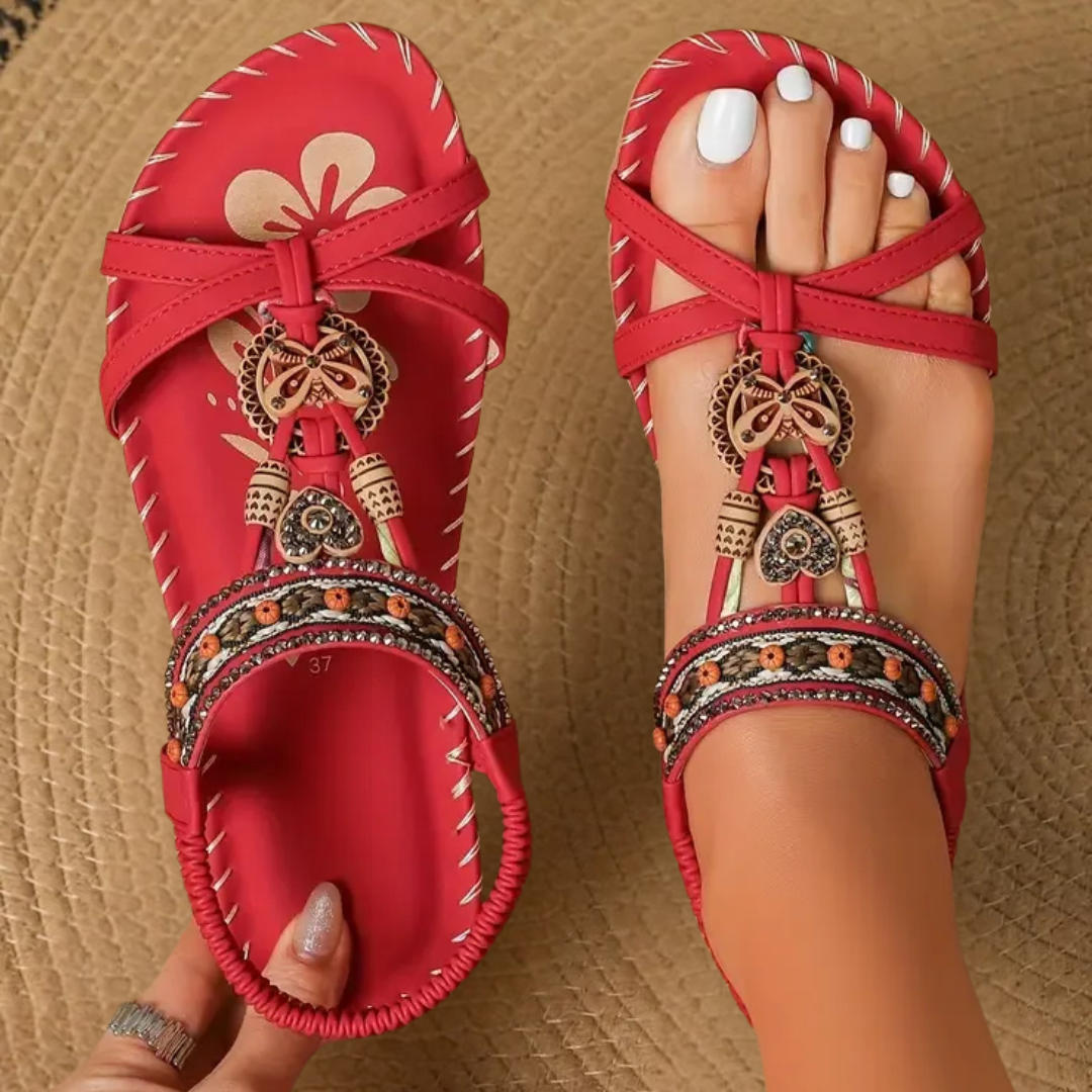 Serena Calabresi | Boho Beaded Orthopedic Flat Sandals in Teal