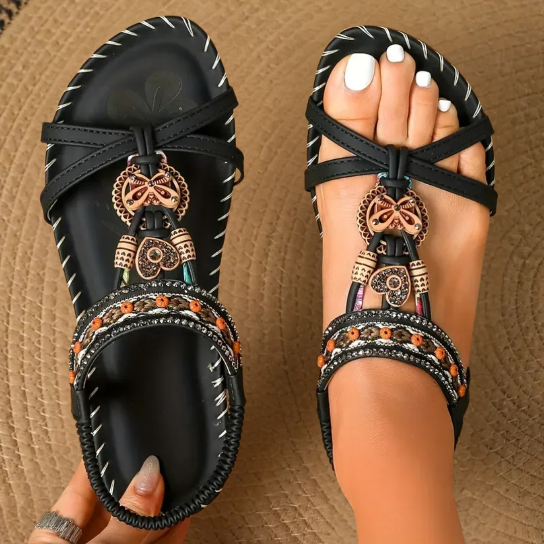 Serena Calabresi | Boho Beaded Orthopedic Flat Sandals in Teal