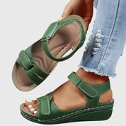 Celestina Morvaux | Red Orthopedic Wedge Sandals with Hook-and-Loop Strap