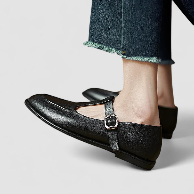 Ophelia Stanhope | Black T-Strap Orthopedic Low Heel Flat