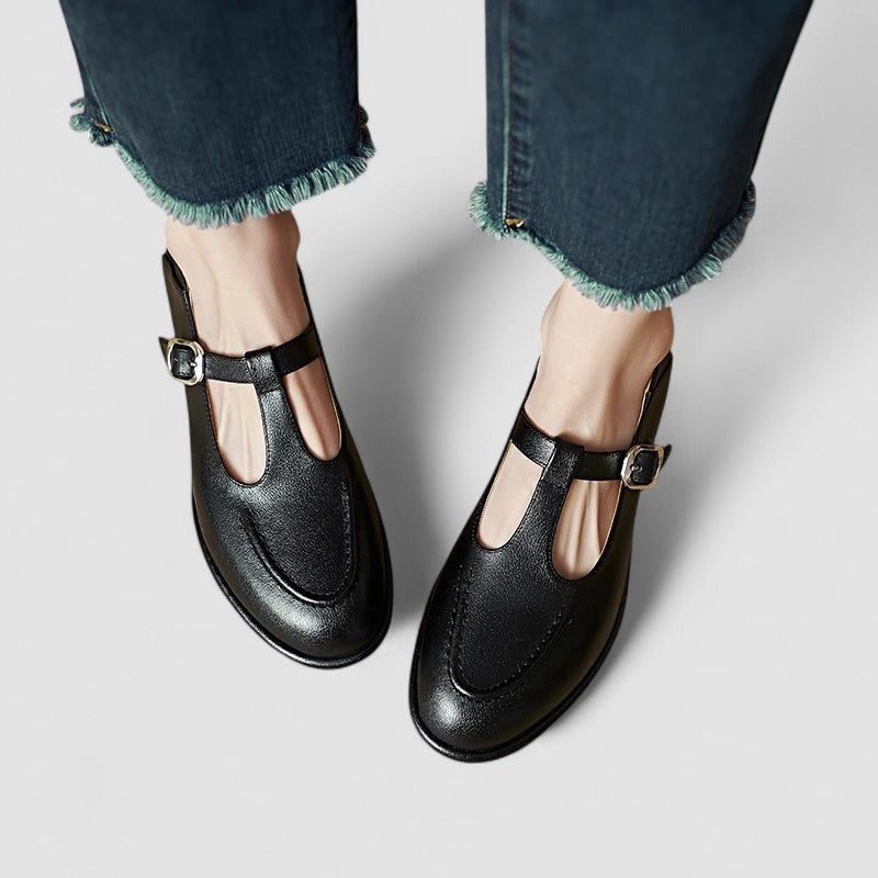 Ophelia Stanhope | Black T-Strap Orthopedic Low Heel Flat