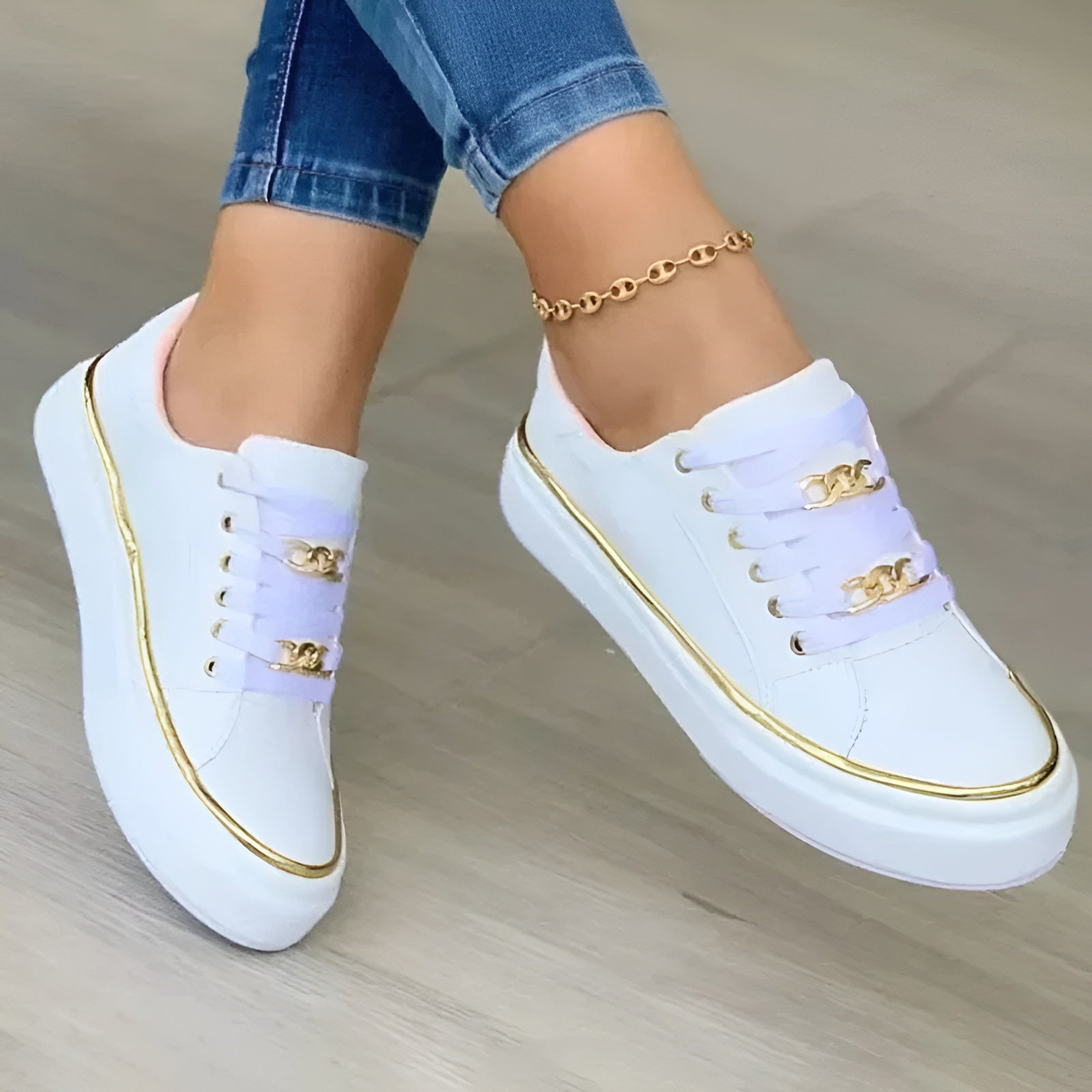 Lucinda Bergström | White Platform Sneakers with Gold Chain Detail