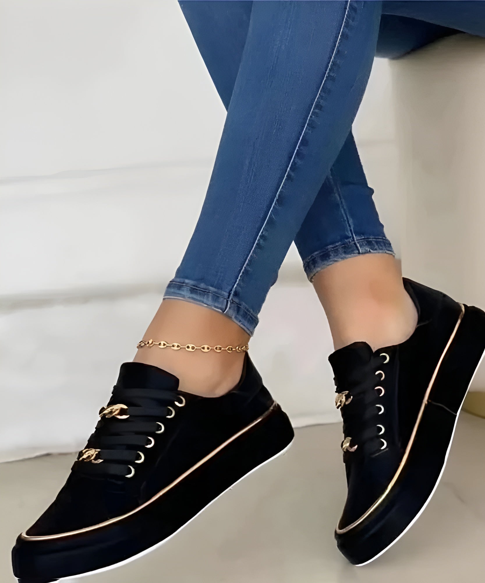 Lucinda Bergström | White Platform Sneakers with Gold Chain Detail