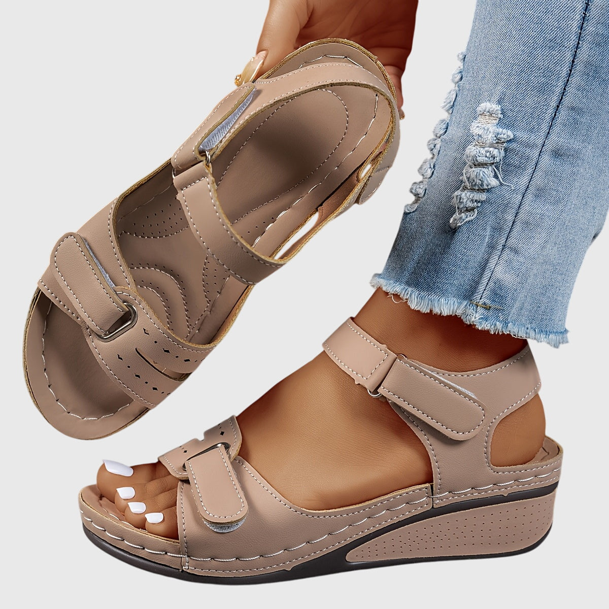 Celestina Morvaux | Red Orthopedic Wedge Sandals with Hook-and-Loop Strap
