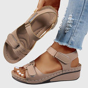 Celestina Morvaux | Red Orthopedic Wedge Sandals with Hook-and-Loop Strap