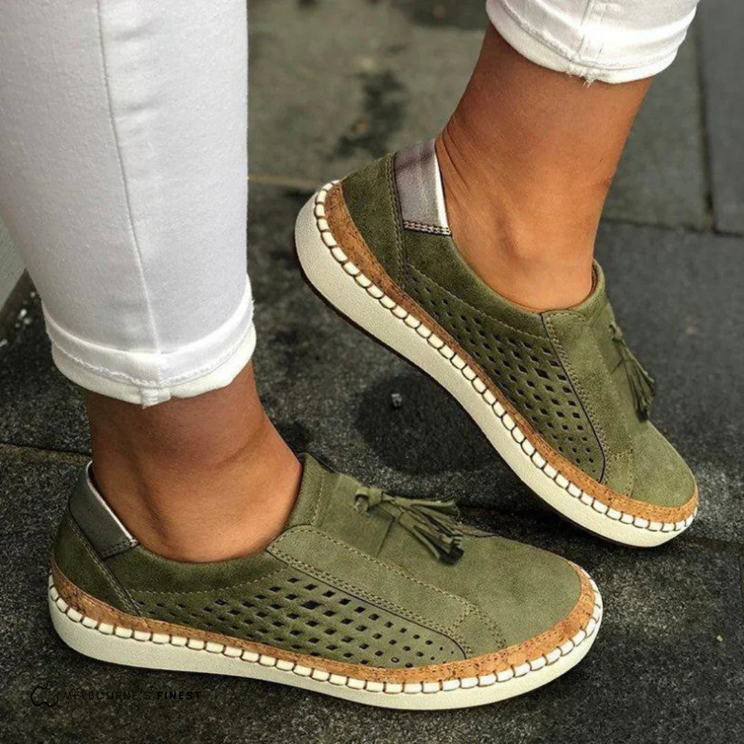 Dominique Archambeault | Women's Orthopedic Slip-On Sneakers in Olive Suede