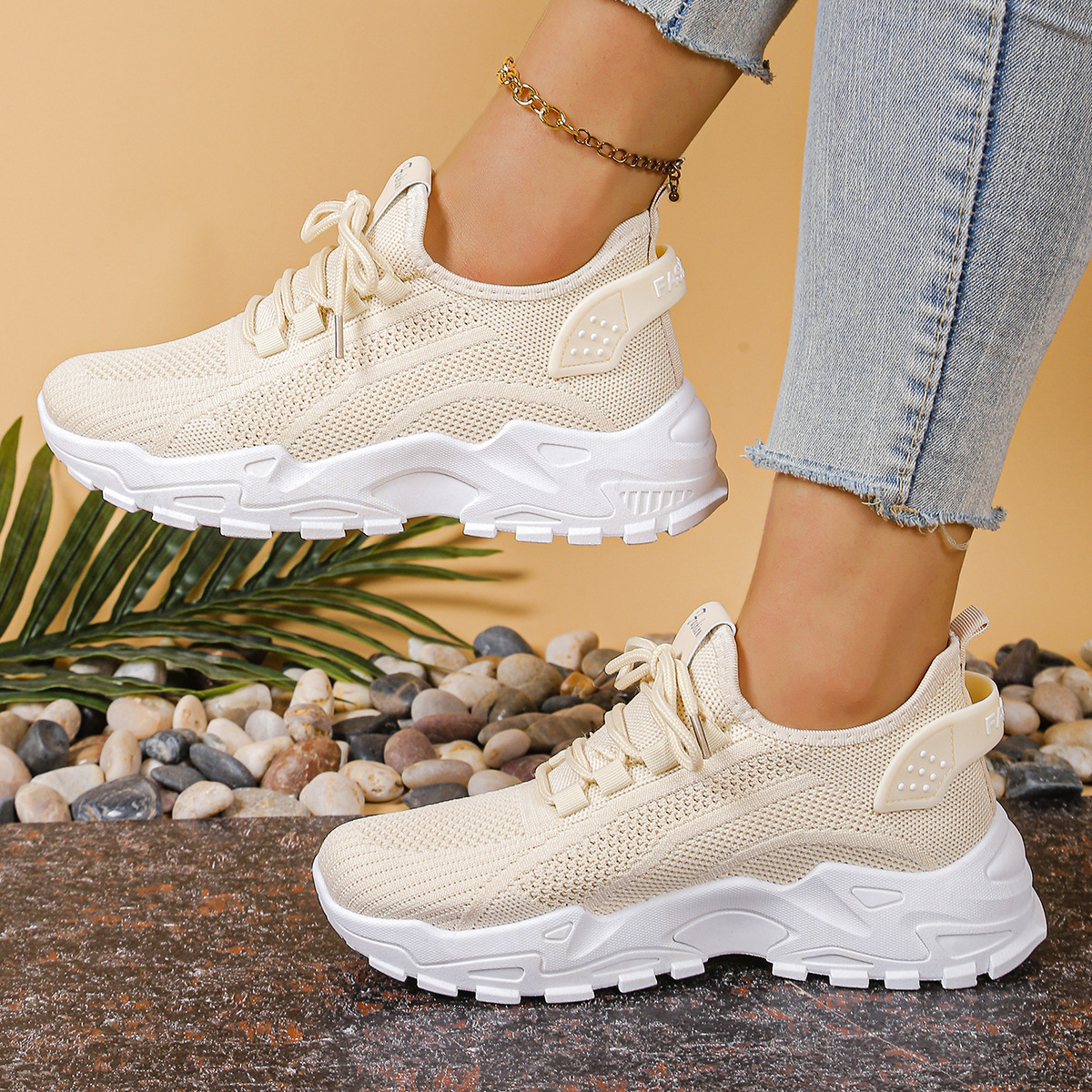 Nadia Holmgren | Beige Mesh Platform Sneakers with Orthopedic Support